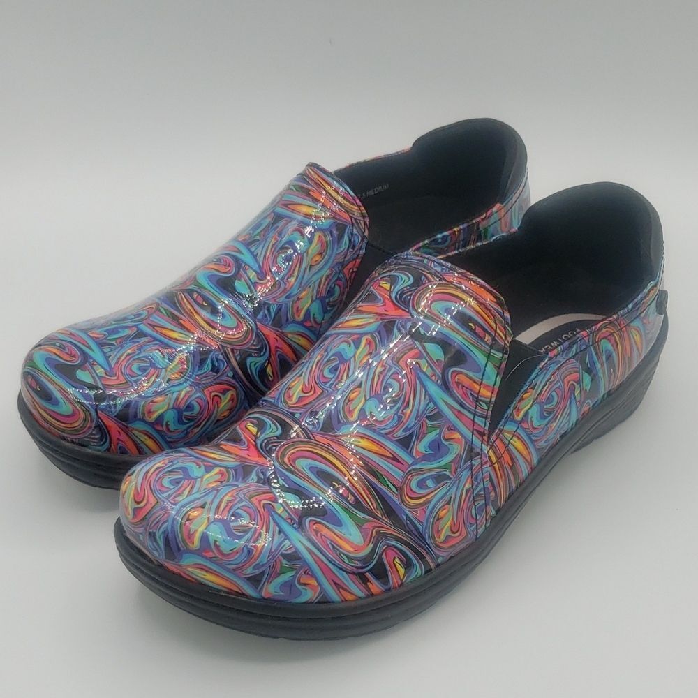 Klogs 7.5 Colorful Rainbow Swirl Moxy Funkadelic Patent Clogs
